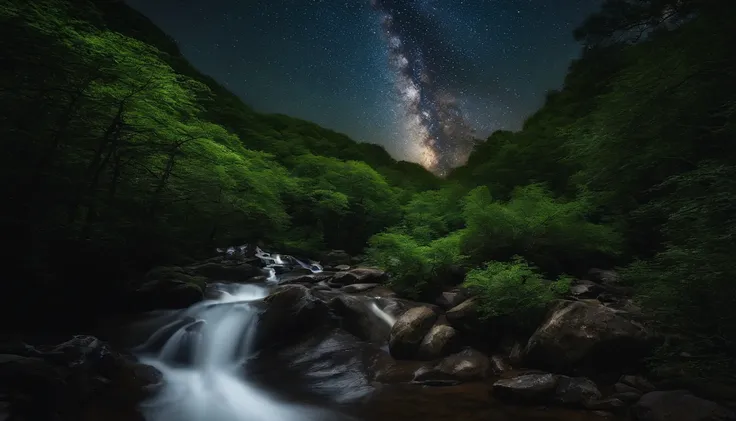 There is a stream flowing in the forest.、Looking up and the tree々You can see the starry sky from between。Quite dark。