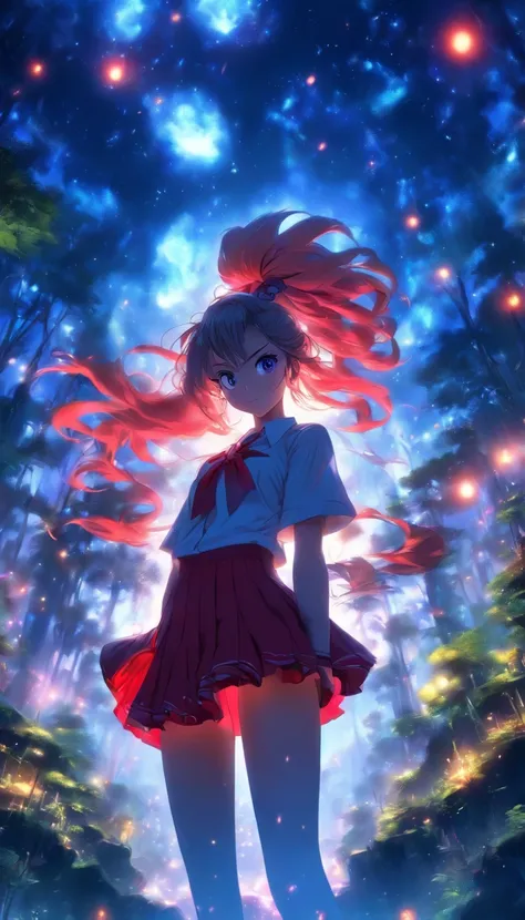 1girll, Solo，White shirt, Red skirt, Socks, dual horsetail，Beautiful outdoor background, night moon, forest，The hair is meticulously depicted，The eyes are meticulously depicted， highly detailed surreal vfx，oc rendered，