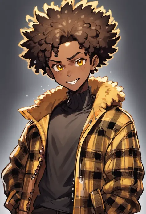 cartoon image of a dark skin male with faded haircut wearing an black shirt and a yellow plaid jacket, character portrait, light orange eyes, curly Afro(black:1.5,), smiling, inspired by Huey from The Boondocks, (black:1.5,dark brown:1.3, orange:1.2), half...