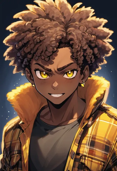 cartoon image of a dark skin male with faded haircut wearing an black shirt and a yellow plaid jacket, character portrait, light orange eyes, curly Afro(black:1.5,), smiling, inspired by Huey from The Boondocks, (black:1.5,dark brown:1.3, orange:1.2), half...