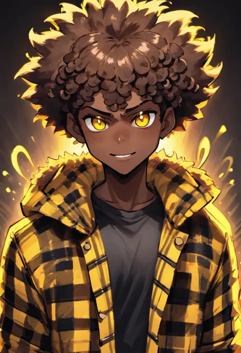 cartoon image of a dark skin male with faded haircut wearing an black shirt and a yellow plaid jacket, character portrait, light orange eyes, curly Afro(black:1.5,), smiling, inspired by Huey from The Boondocks, (black:1.5,dark brown:1.3, orange:1.2), half...