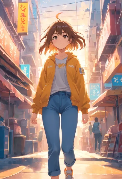 Real Photographics，Hyper-realistic，Ultra photo realsisim，super-fine，Genki girl，adolable，Close your eyes，ssmile，long whitr hair，Qi bangs，denim pant，athletic sneakers，rays of sunshine，The hair is meticulously depicted，The eyes are meticulously depicted， high...