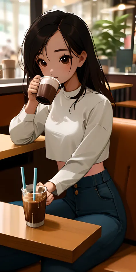 Thai girl wearing a cropped shirt sits and drinks coffee in a cafe.