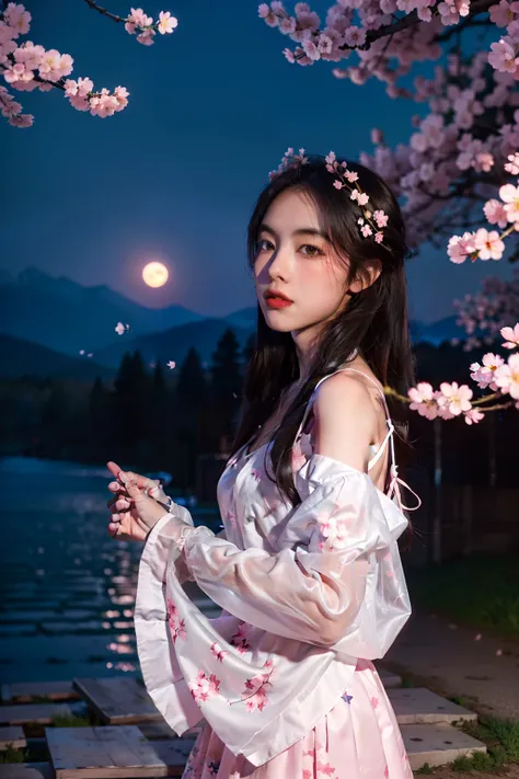 Masterpiece, Best quality, Night, Mountain, full moon, Long black hair, woman, Firefly, stars, Mysterious cherry blossom trees, Pink leaves, High quality, Beautiful graphics, High detail