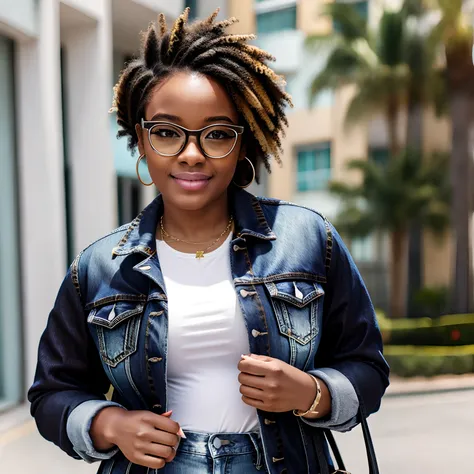 black girl very fat jeans jacket nerd glasses