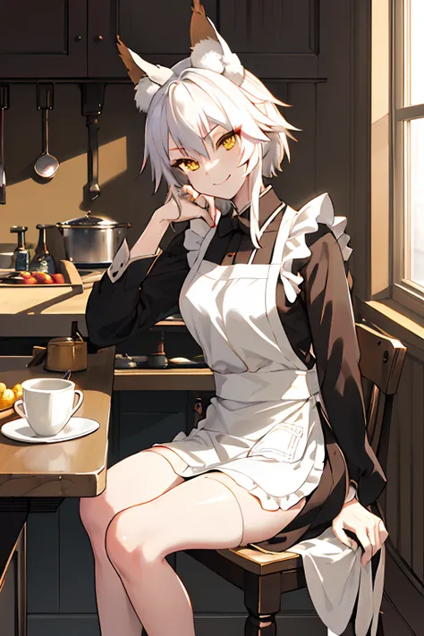 solo, best quality, masterpiece, portrait, solo, sharp focus, tamamo no mae, naked apron, white hair, yellow eyes, victorian kitchen, looking at viewer, smug look, sitting on table