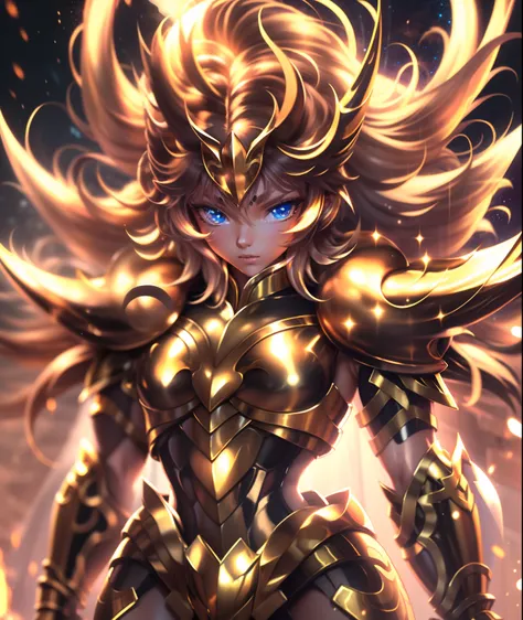 ultra-high saturation，（tmasterpiece）， fully body photo，（best qualtiy）， （1girll）， starryskybackground，wearing shiny gold armor， s...