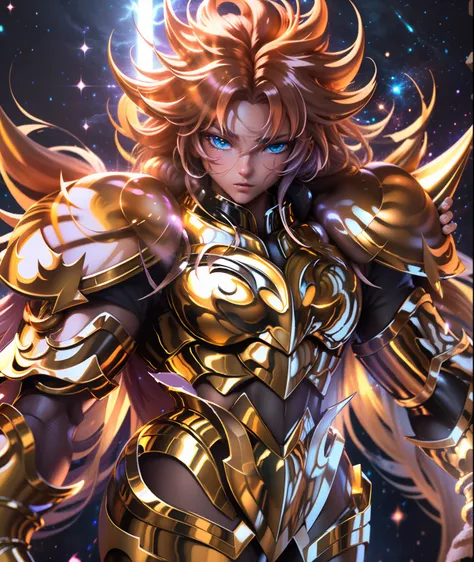 ultra-high saturation，（tmasterpiece）， fully body photo，（best qualtiy）， （1girll）， starryskybackground，wearing shiny gold armor， s...