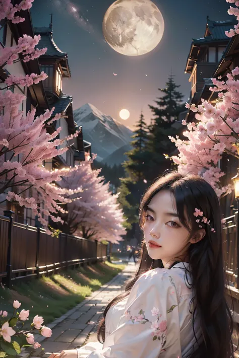 Masterpiece, Best quality, Night, Mountain, full moon, Long black hair, woman, Firefly, stars, Mysterious cherry blossom trees, Pink leaves, High quality, Beautiful graphics, High detail