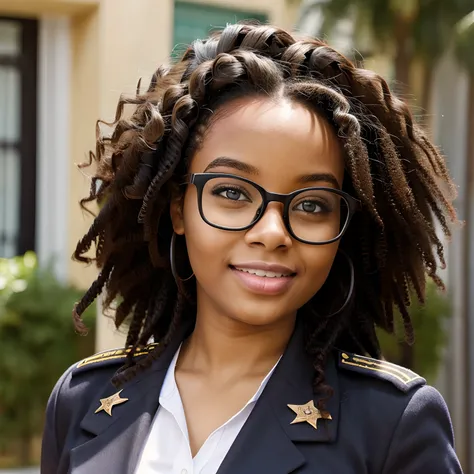 black girl, very fat, nerdy glasses, curly hair, military school uniform