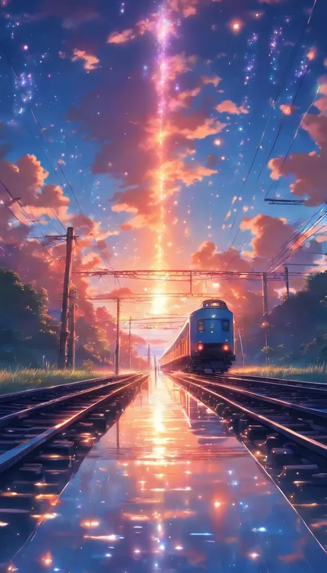 Masterpiece, Anime train passing through bodies of water on tracks, Bright starry sky. Romantic train, Makoto Shinkais picture, Pisif, concept-art, Lofi art style, Reflection. By Makoto Shinkai, Lofi art, beautiful anime scenes, Anime landscape, Detailed s...