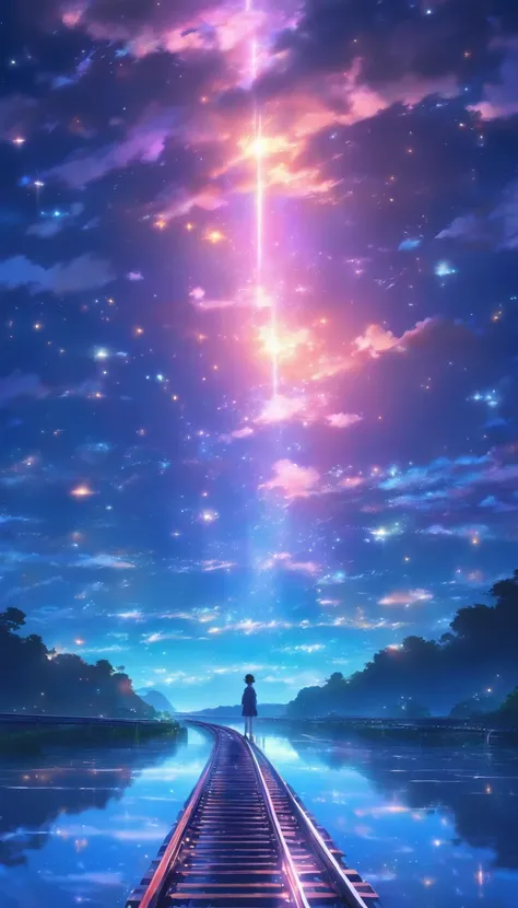 Masterpiece, Anime train passing through bodies of water on tracks, Bright starry sky. Romantic train, Makoto Shinkais picture, Pisif, concept-art, Lofi art style, Reflection. By Makoto Shinkai, Lofi art, beautiful anime scenes, Anime landscape, Detailed s...