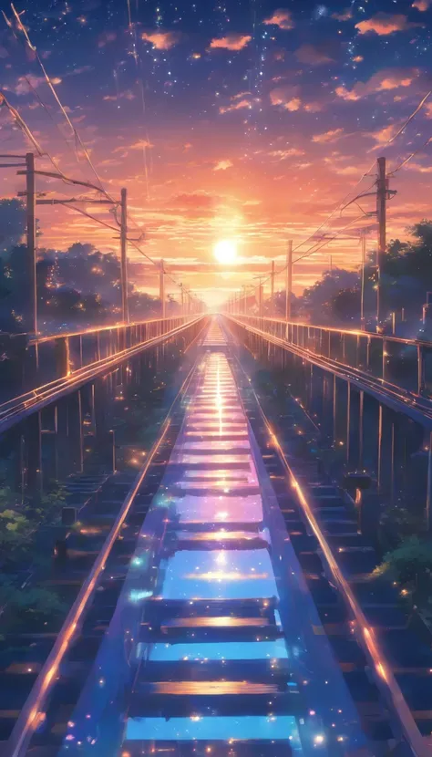 Masterpiece, Anime train passing through bodies of water on tracks, Bright starry sky. Romantic train, Makoto Shinkais picture, Pisif, concept-art, Lofi art style, Reflection. By Makoto Shinkai, Lofi art, beautiful anime scenes, Anime landscape, Detailed s...