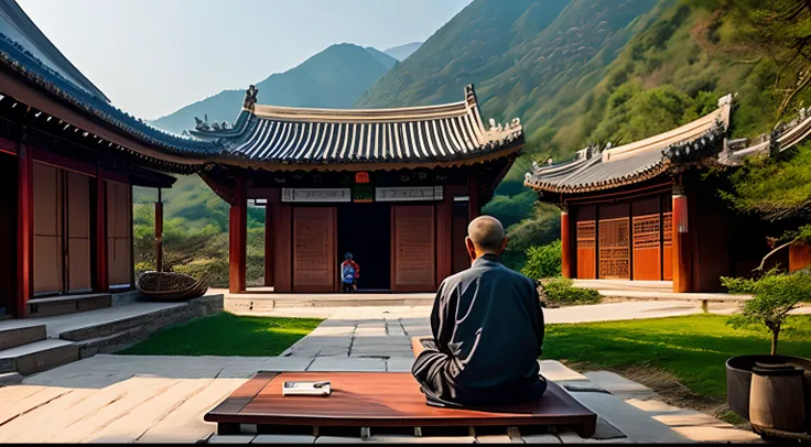 a young man seeking guidance from an old zen master in a chinese village nested in the mountains background, hyper realistic, 8k