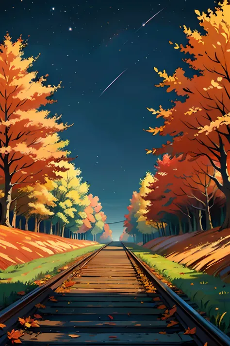 A painting of an autumn landscape, autumn trees and dead trees, dead leaves blowing, perspective view of train tracks, evening light, dark sky.