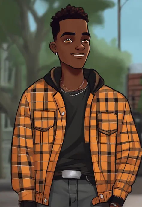 cartoon image of a dark skin male with faded haircut wearing an black shirt and a yellow plaid jacket, character portrait, light orange eyes, Twisted High Top(black:1.5,), smiling, art style from The Boondocks, (black:1.5,dark brown:1.3, orange:1.2), half-...