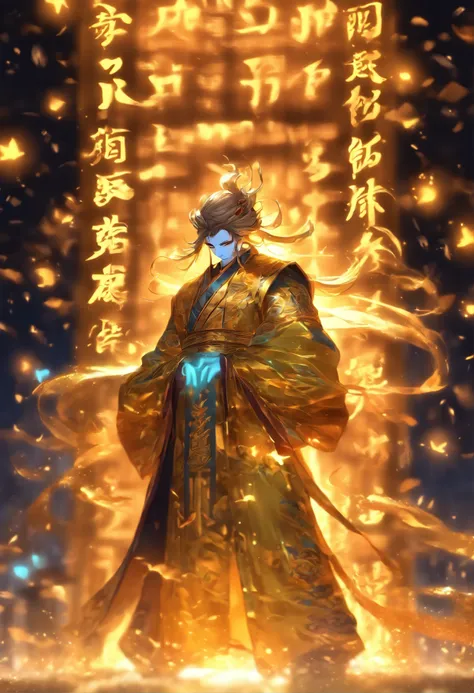 An ancient Chinese scholar，Scroll in hand，(Transparent glowing golden Chinese characters hovered in midair:2)，Vertical text，glittery，(Scholar in blue robes:1.5)，Long flowing hair flutters in the wind，brunette color hair，16k, hyper HD, high resolution, Very...