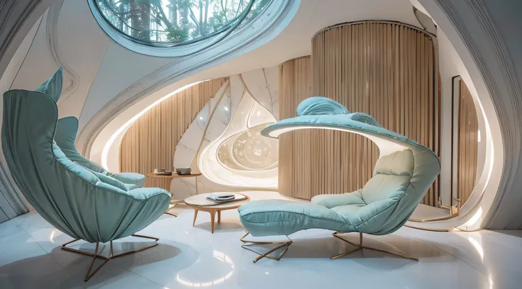 "Generate a striking and imaginative scene featuring a young girl in a futuristic biomorphic living room. The living room should have an organic, otherworldly design, with furniture and elements that resemble natural forms, such as plant-like chairs, biomo...