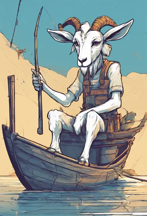 a humanoid goat, sitting on the boat fishing, having fun, cartoon style, promotional art, very stylized character design, vectorial art style, line art