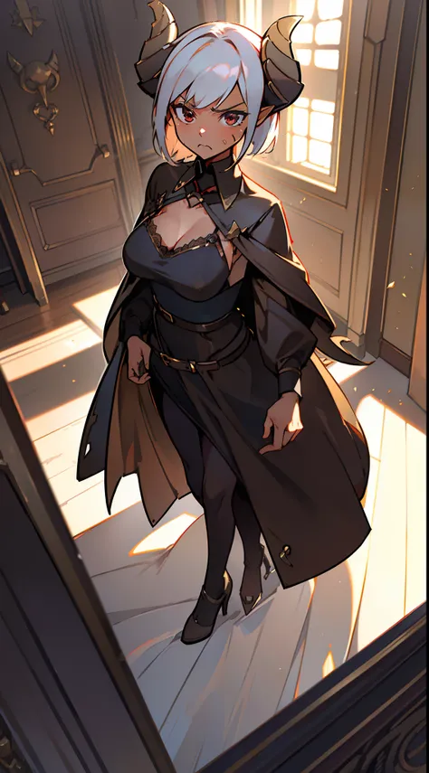 1girl 20 years,solo,((angry)),(((brown skin))),black and golden dress,medium tits,white hair,short hair,red eyes,elves ears,black horns,black pantyhose,waist cape,Detailed,(((standing in front of a room inside a castle))),hd,masterpiece,8k,