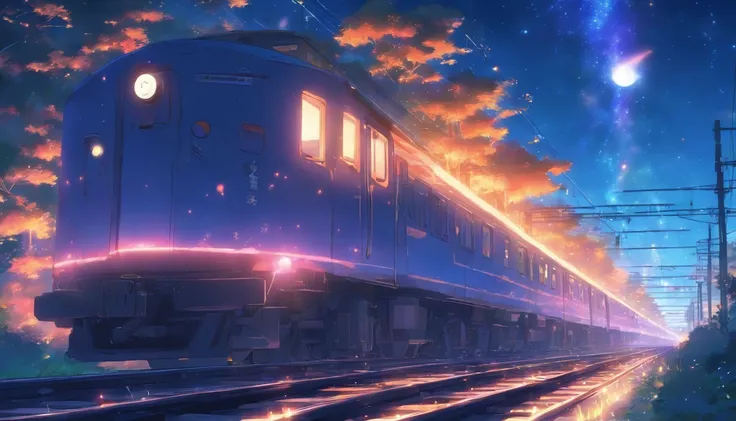 Masterpiece, Anime train passing through bodies of water on tracks, Bright starry sky. Romantic train, Makoto Shinkais picture, Pisif, concept-art, Lofi art style, Reflection. By Makoto Shinkai, Lofi art, beautiful anime scenes, Anime landscape, Detailed s...