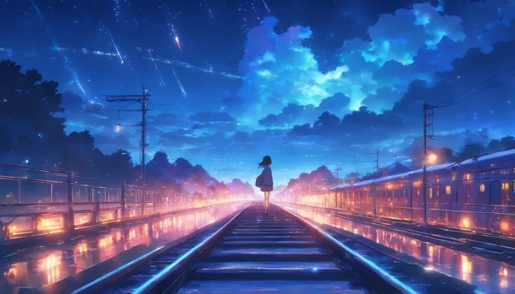 Masterpiece, Anime train passing through bodies of water on tracks, Bright starry sky. Romantic train, Makoto Shinkais picture, Pisif, concept-art, Lofi art style, Reflection. By Makoto Shinkai, Lofi art, beautiful anime scenes, Anime landscape, Detailed s...