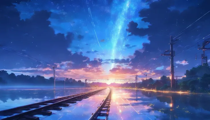 Masterpiece, Anime train passing through bodies of water on tracks, Bright starry sky. Romantic train, Makoto Shinkais picture, Pisif, concept-art, Lofi art style, Reflection. By Makoto Shinkai, Lofi art, beautiful anime scenes, Anime landscape, Detailed s...