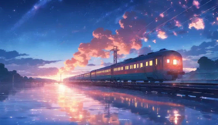 Masterpiece, Anime train passing through bodies of water on tracks, Bright starry sky. Romantic train, Makoto Shinkais picture, Pisif, concept-art, Lofi art style, Reflection. By Makoto Shinkai, Lofi art, beautiful anime scenes, Anime landscape, Detailed s...