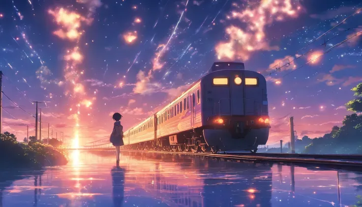 Masterpiece, Anime train passing through bodies of water on tracks, Bright starry sky. Romantic train, Makoto Shinkais picture, Pisif, concept-art, Lofi art style, Reflection. By Makoto Shinkai, Lofi art, beautiful anime scenes, Anime landscape, Detailed s...