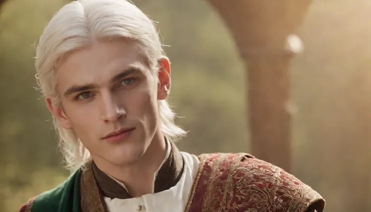 (((a deep reddish wound crosses his left cheek)) fair skin, male about 19 years old, natural white hair, distinctive green eyes, ultra-detailed face, slender and graceful, beautiful, in an Italian medieval setting, ultra-sharp focus, photo realistic, medie...