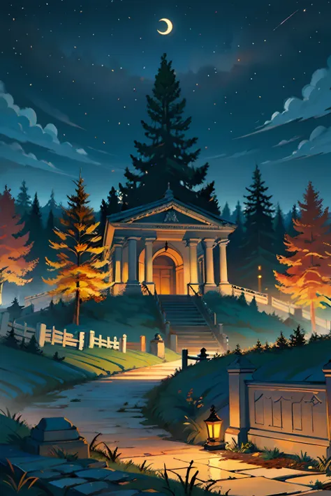 A painting of an autumn landscape, dead trees, dead tree branches and dirt, a giant square tomb, a wrought iron fence, night time light, dark sky.