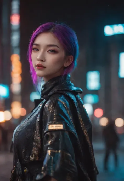 masterpiece, best quality, 2 confident cyberpunk girls, Harajuku-inspired cyberpunk outfit, bold colors and patterns, eye-catching accessories, trendy and innovative hairstyle, vibrant makeup, Cyberpunk dazzling cityscape, skyscrapers, neon signs, LED ligh...