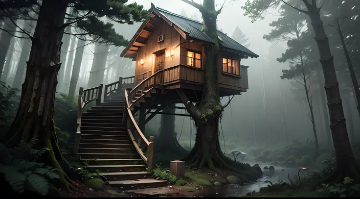 overcast skies and strong storm in the forest, a treehouse with stairs, wet vegetation, and some trees around