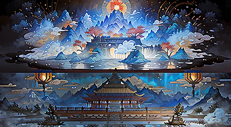 An ancient Chinese , ancient Chinese background, mountains, rivers, auspicious clouds, pavilions, sunshine, masterpieces, super detail, epic composition, ultra HD, high quality, extremely detailed, official art, unified 8k wallpaper, Super detail, 32k -- v...