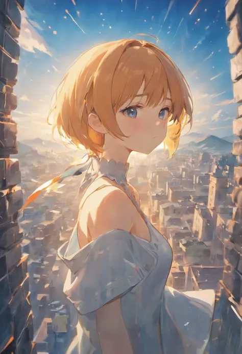 (Cinematic Digital Artwork: 1.3), High Quality, Masterpiece, Top Quality, Super Detail, Illustration, [4K Digital Art]!!、 Kyoto Animation Style, One Woman, Clavicle Beauty, Clavicle, Light, Hope, Blue Sky, Positive, Challenge, Motivation, Brilliance, Dynam...