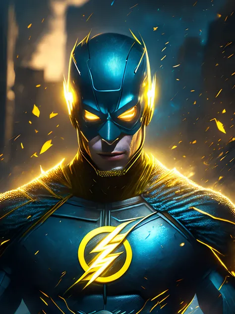 gloomy portrait of Flash Yellow Lantern from DC, extremely detailed, futuristic cityscape, nighttime, glowing neon lights, smoke, sparks, metal shavings, flying debris, blue energy effects, volumetric light