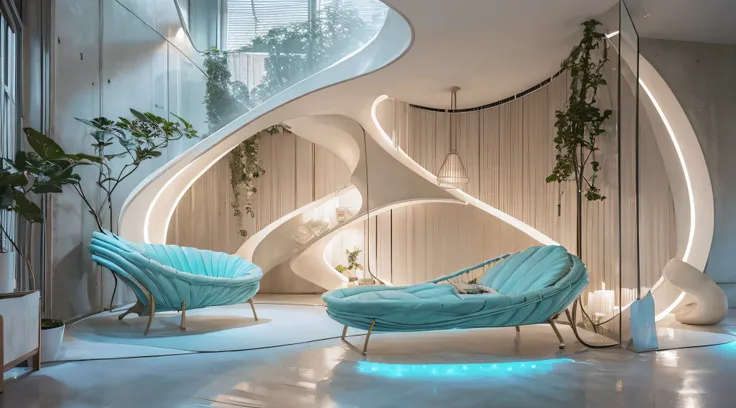 "Generate a striking and imaginative scene featuring a young girl in a futuristic biomorphic living room. The living room should have an organic, otherworldly design, with furniture and elements that resemble natural forms, such as plant-like chairs, biomo...