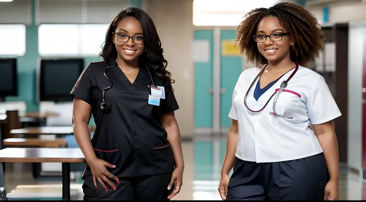 full body, black girl, very fat, nerdy glasses, healthcare, nurse uniform, wavy hair, red sneakers, caramel eyes, smile without ...