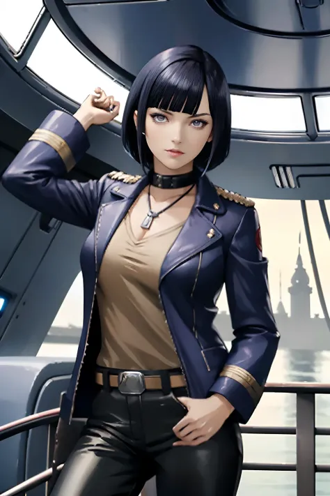 A-Line Bob, Ruby dark blue hair, beautiful woman, starship captain, short jacket, cowboy shot, flirty, military bearing, standing, pirate, on a starship bridge, leather pants, purple eyes, Blunt Bangs