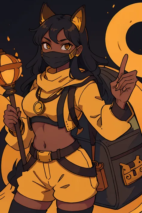 Long black hair, dark skin, merchant, merchant gear, big backpack, lantern on hip, orange yellow eyes, side-masks, fox ears, staff, egyptian staff