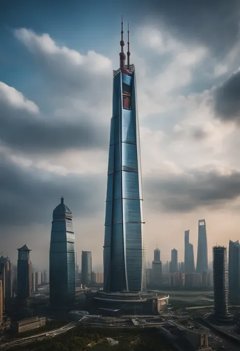 (Masterpiece), (Best quality), (Ultra-detailed), Shanghai Tower，morning，Sunnyday，baiyun，Picture，Flat viewing angle。