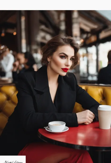 2010s fashion, mid closeup, Canon EF 85mm f/1.2L II USM, A woman sits in a restaurant drinking coffee, Wearing a black jacket and red lips, Emphasize facial expressions, street fashion.