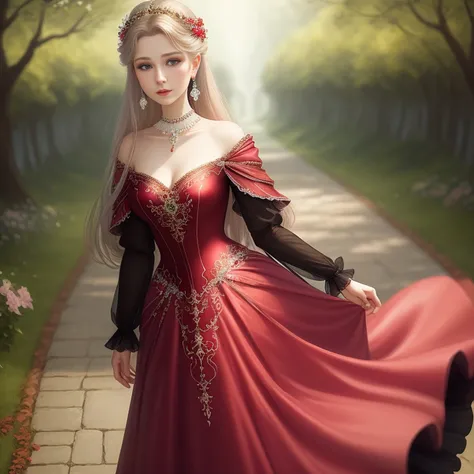 ultra-realistic painting, masterful level, better quality, better HD, finer details), an extremely delicate and beautiful woman, ethereal and poetic, elegant posture, luxurious clothes, (red dress/2.4) | (black outfit), [(blue:1.3)|(pink) long, graceful, f...