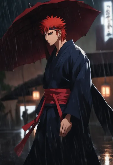 yahiko the pain, wearing akatsuki, standing in the rain, at night,