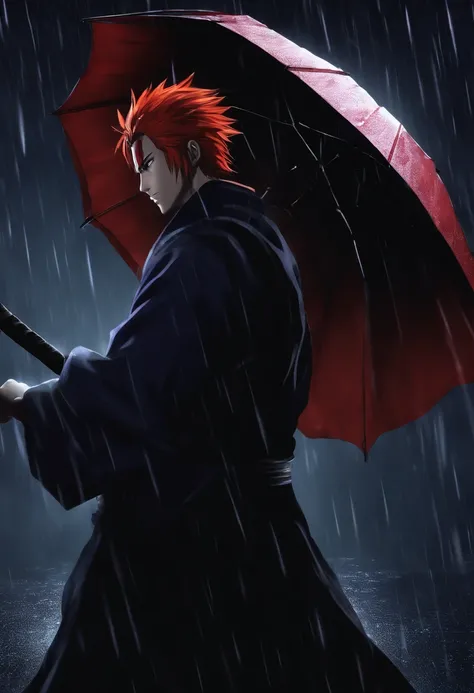 yahiko the pain, wearing akatsuki, standing in the rain, at night,