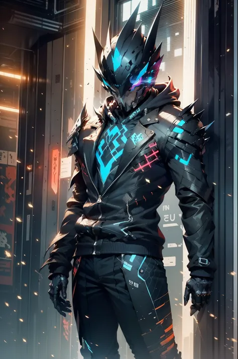 There was a boy wearing a mask and a black hoodie，With a knife in his hand, Hyper-realistic cyberpunk style，Digital cyberpunk anime style，cyan colors