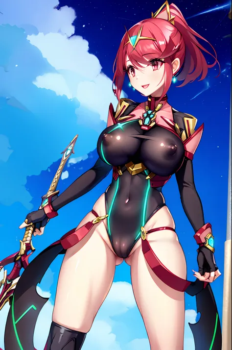 pyra (xenoblade), teen_1girl, loli, bangs, black gloves, breasts, red eyes, shout, earrings, eyelashes, fingerless gloves, floating hair, , gem, gloves, hair ornament, headpiece, jewelry, big_breasts, leaning back, swimsuit, neon trim, official art, pose, ...