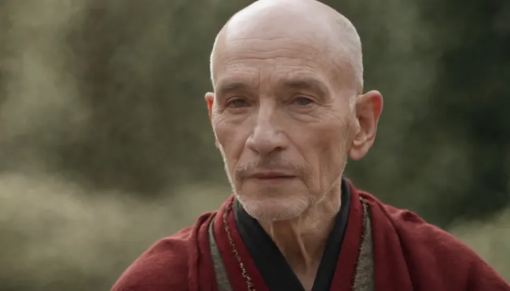 (((a deep red wound crosses his left cheek)) light skin, meditating man about 90 years old, bald, Zen master, natural white, distinctive green eyes, ultra-detailed face, with many wrinkles and graceful, beautiful, in an Italian medieval setting, ultra-shar...