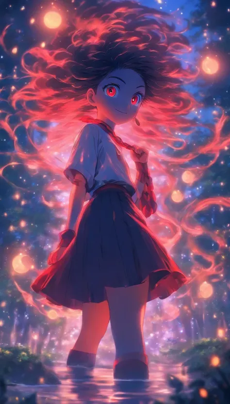 1girll, Solo，ssmile，White shirt, Red skirt, Socks, dual horsetail，Full body like，Beautiful outdoor background, night moon, forest，glowworm，Pisif, concept-art, Lofi art style, Reflection，The hair is meticulously depicted，The eyes are meticulously depicted， ...