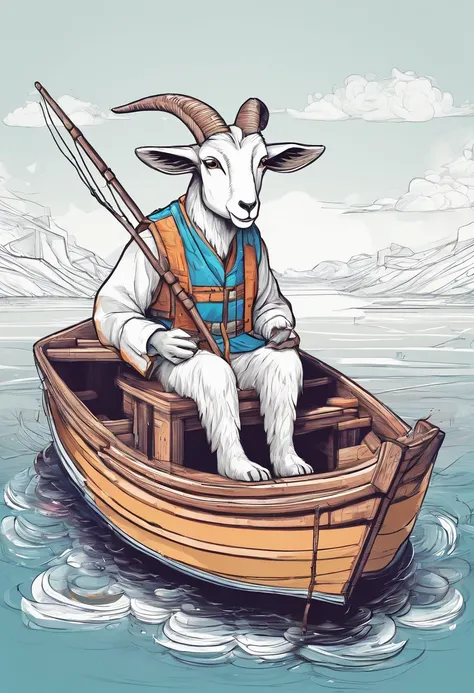 a humanoid goat, sitting on the boat fishing, having fun, cartoon style, promotional art, very stylized character design